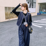 松弛感穿搭一整套女2025春季新款复古休闲打底衫马甲阔腿裤三件套，女装套装/套裙，浙宝089