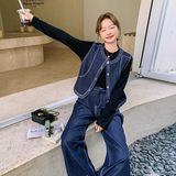 松弛感穿搭一整套女2025春季新款复古休闲打底衫马甲阔腿裤三件套，女装套装/套裙，浙宝089