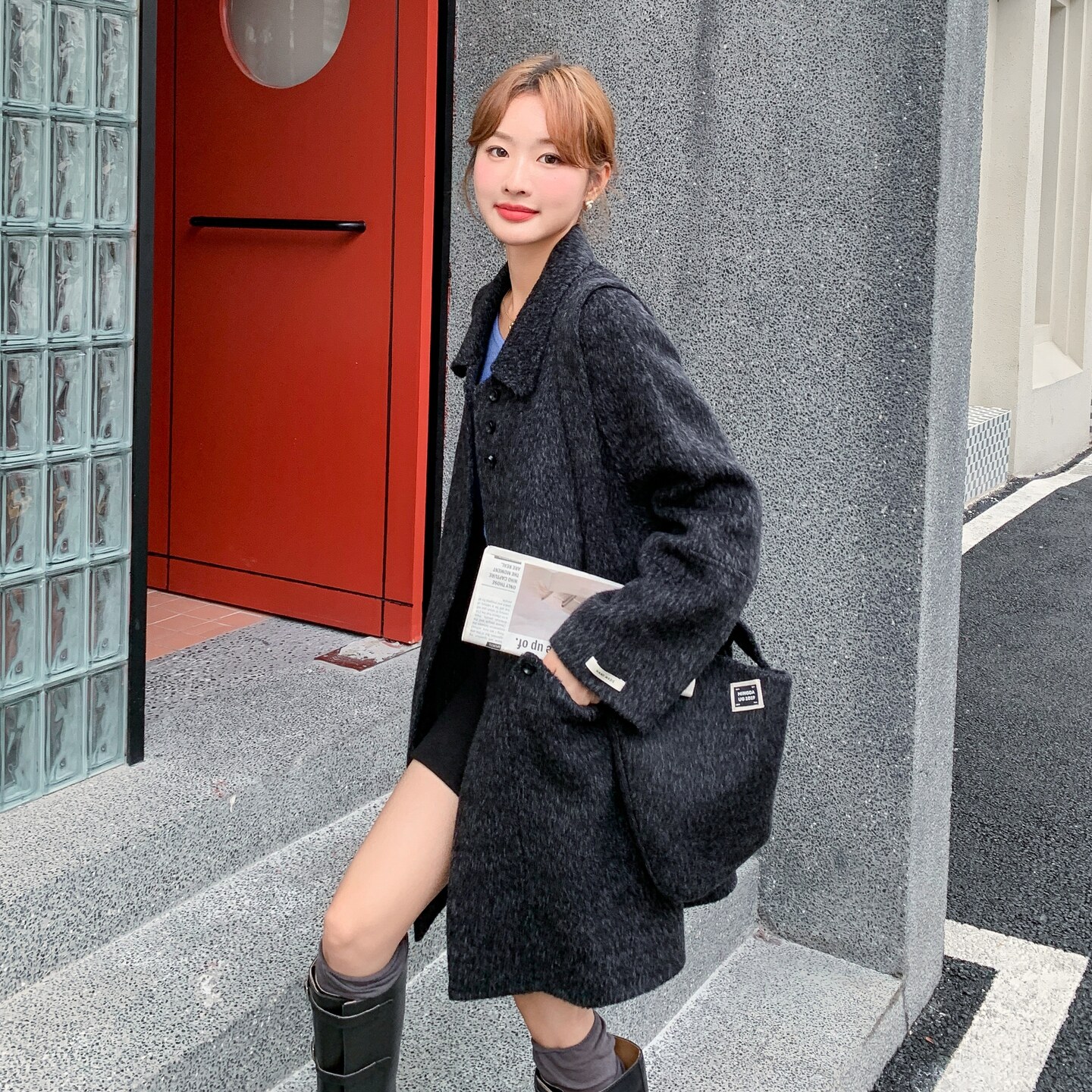 灰色翻领双面羊绒大衣女2025冬新款高级感气质宽松中长款毛呢外套,女装毛呢外套,浙宝089