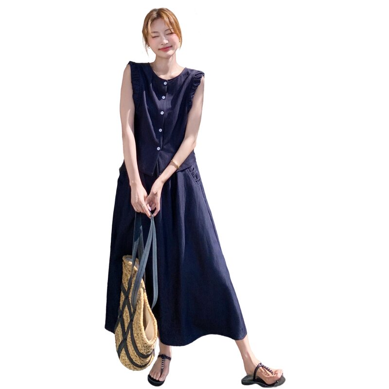 深蓝色通勤风淡人套装裙女2025夏季肩袖捏褶设计上衣半身裙两件套,女装套装/套裙,浙宝089