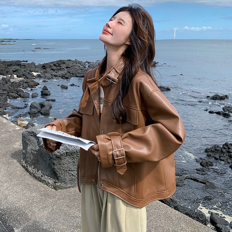 港风酷飒PU皮衣外套女2025春季新款高级感复古时尚小个子机车夹克,女装皮衣,浙宝089