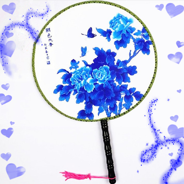 10把包邮走秀中国风古典双面圆扇子宫廷舞蹈牡丹花青花瓷跳舞团扇