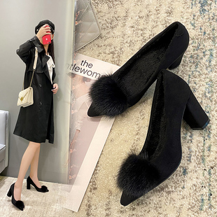 2025新款粗跟真皮水貂毛尖头中跟单鞋女秋冬绒面工作高跟毛毛鞋女