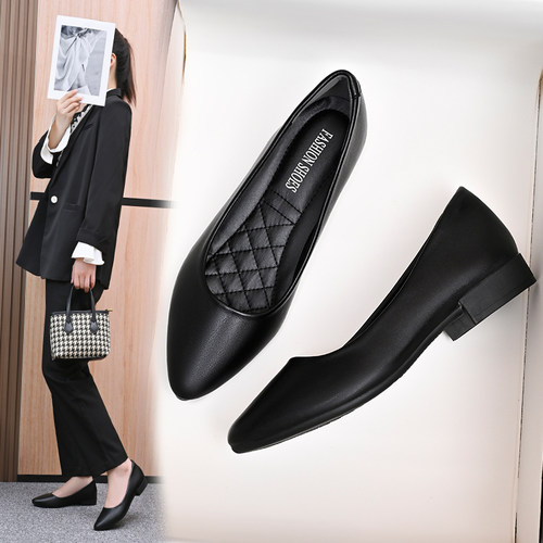 黑色皮鞋上班舒适粗跟尖头工作鞋