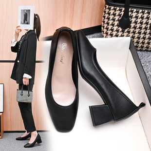 工作鞋女黑色真皮粗跟单鞋上班久站不累脚舒适空姐职业面试高跟鞋