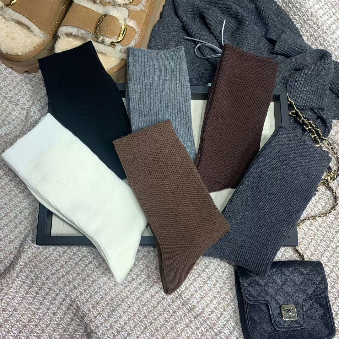 秋冬新款双针高筒纯棉袜子中筒女士纯色净版加厚长筒爆款堆堆袜子