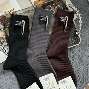 秋冬款 布标外穿堆堆袜 钻别针饰品高筒亮片袜子女ins欧货洋气个性