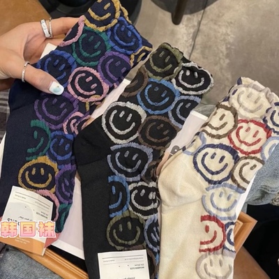 韩国东大门秋冬新款笑脸泡泡浮雕中筒袜ins潮网红直播同款堆堆袜