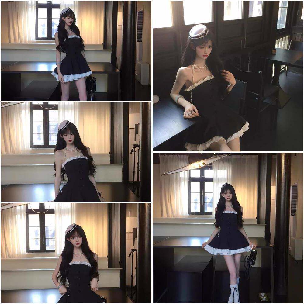 Ballet Hymn黑色抹胸连身裙 少女风收腰蓬蓬裙 蛋糕裙日常穿搭