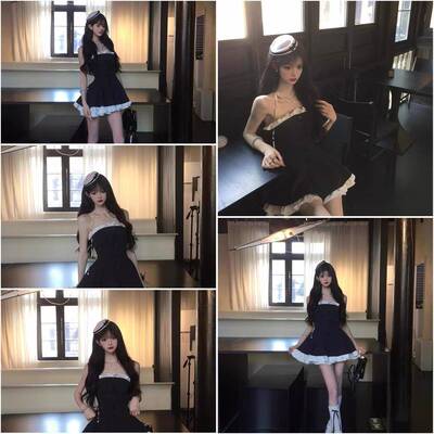 Ballet Hymn黑色抹胸连身裙 少女风收腰蓬蓬裙 蛋糕裙日常穿搭