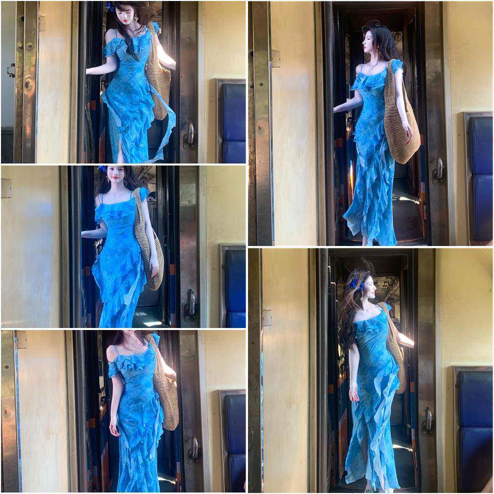 Rosselora【蓝色大海的传说】蓝色碎花吊带裙重工荷叶边显白长裙