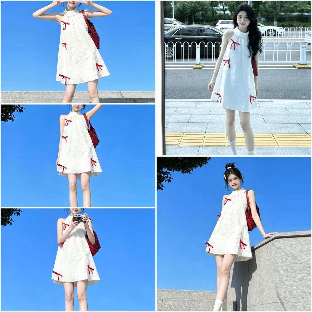 甜美白色蝴蝶结挂颈洋装女夏季新款宽松显瘦小个子无袖娃娃短裙