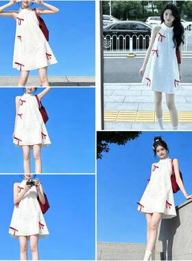 甜美白色蝴蝶结挂颈洋装女夏季新款宽松显瘦小个子无袖娃娃短裙