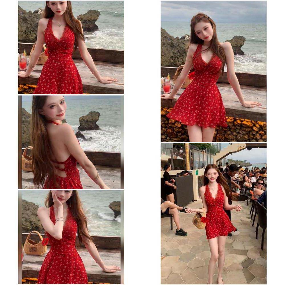 红色碎花蕾丝露背挂脖连衣裙女夏季海边度假绝美巨好看收腰短裙子