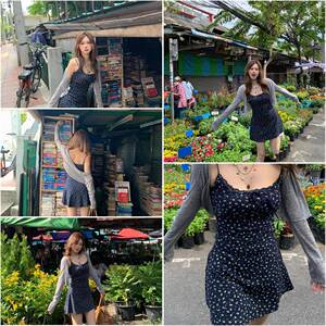 宅宅athome//慕时花期～藏青色碎花自带胸垫吊带裙防晒开 衫套装