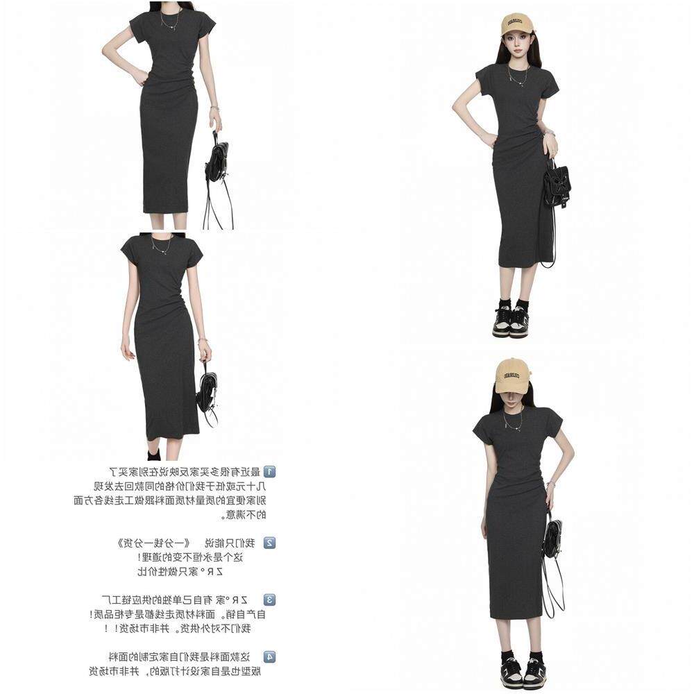 灰色荷叶袖包臀连衣裙女2026夏季小个子辣妹纯欲风设计感收腰长裙