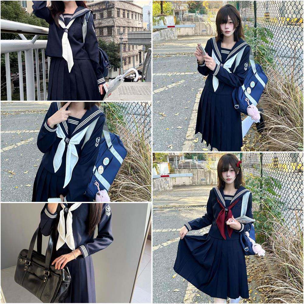 巧所工作室jk制服绀色三本鸟章基础款春秋款长袖校供水手服中间服