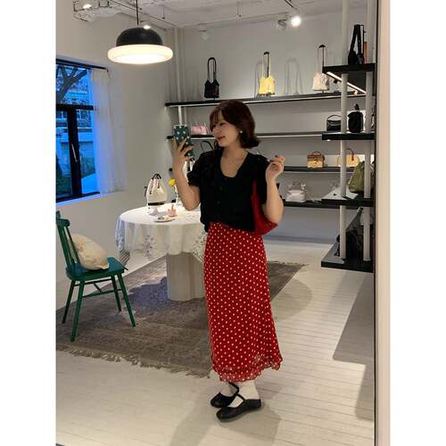 山山屿你【夏日风情】微胖韩系半身裙夏季美式复古红色波点a字裙