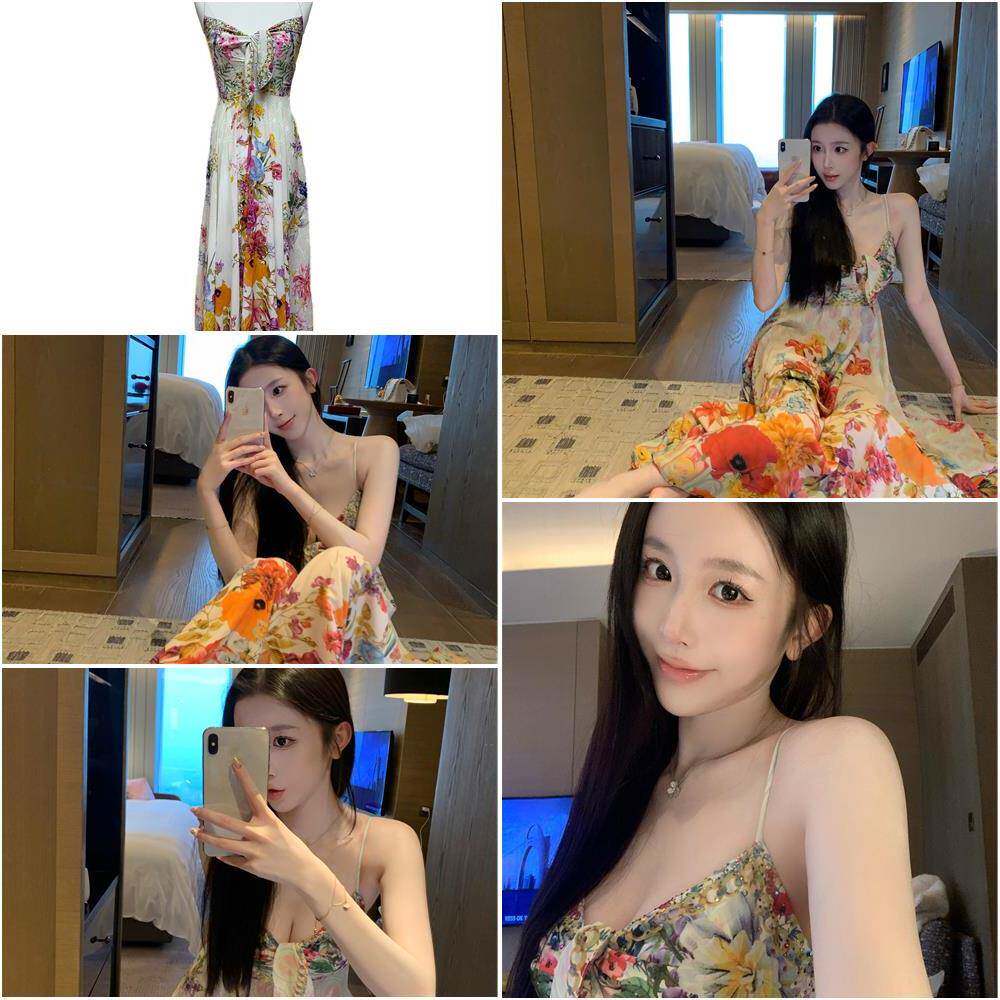 卜斯斯同款*冰肌玉骨*彩色碎花朵吊带绑带高腰度假长洋装