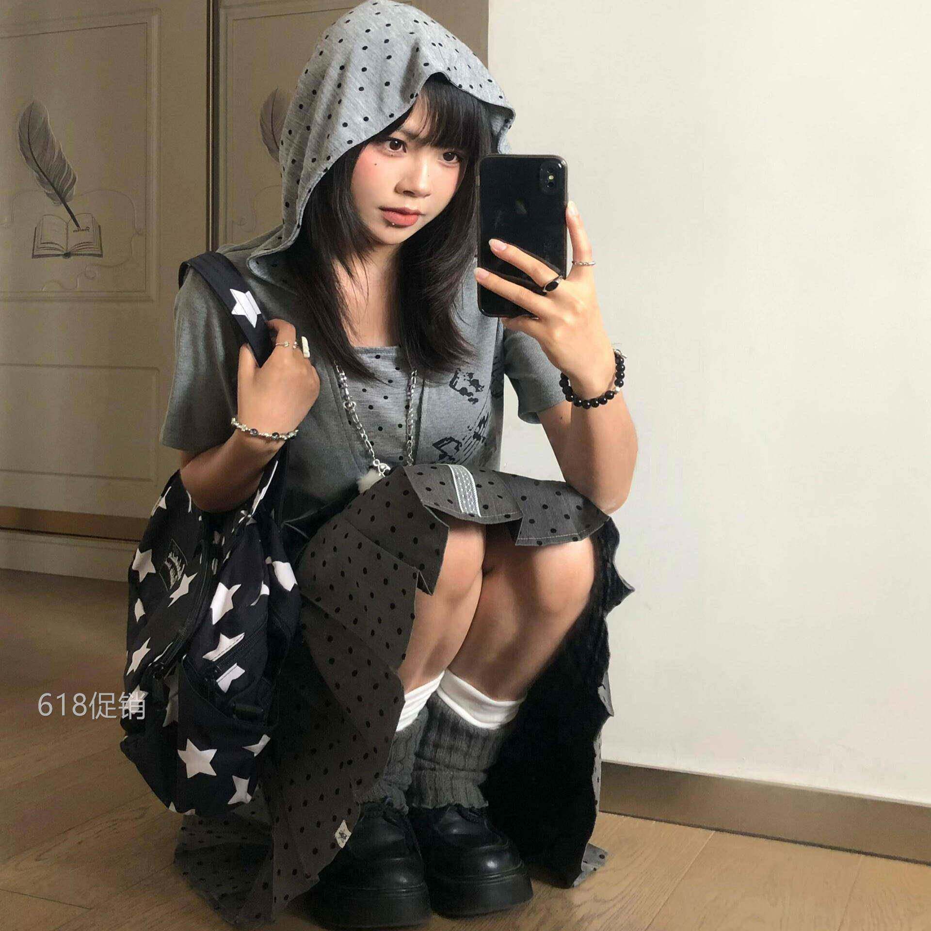 格雷系灰色波点百褶裙子半身裙女春季新款A字中裙百搭显瘦蓬蓬裙
