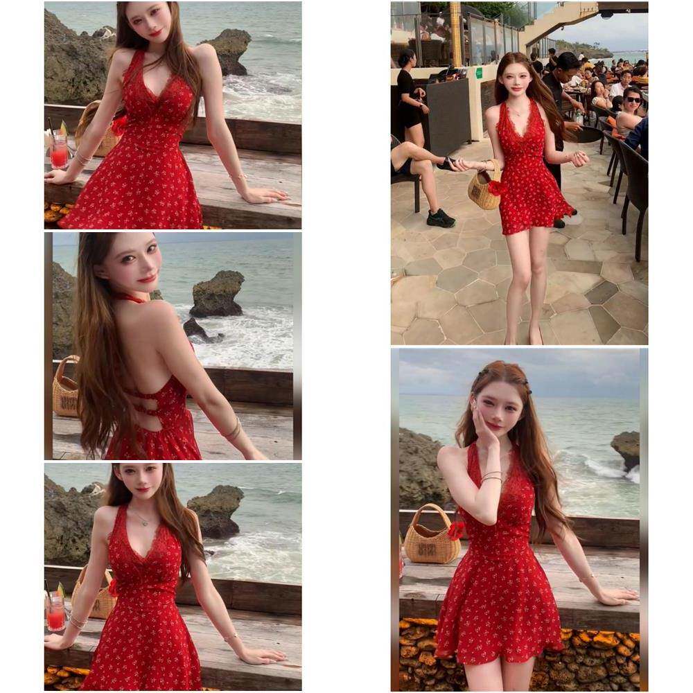 红色碎花蕾丝露背挂颈洋装女夏季海边度假绝美巨好看收腰短裙子