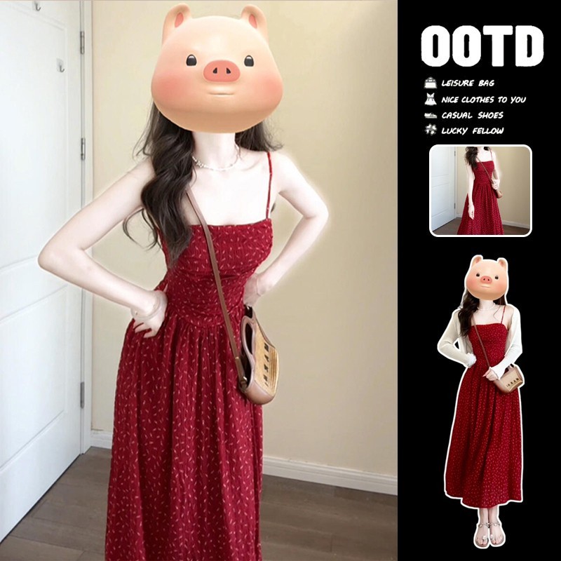 红色碎花吊带连衣裙子女