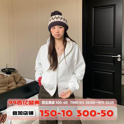 橘子树在哪儿灰色短款连帽卫衣外套女春秋款宽松慵懒风双拉链开衫