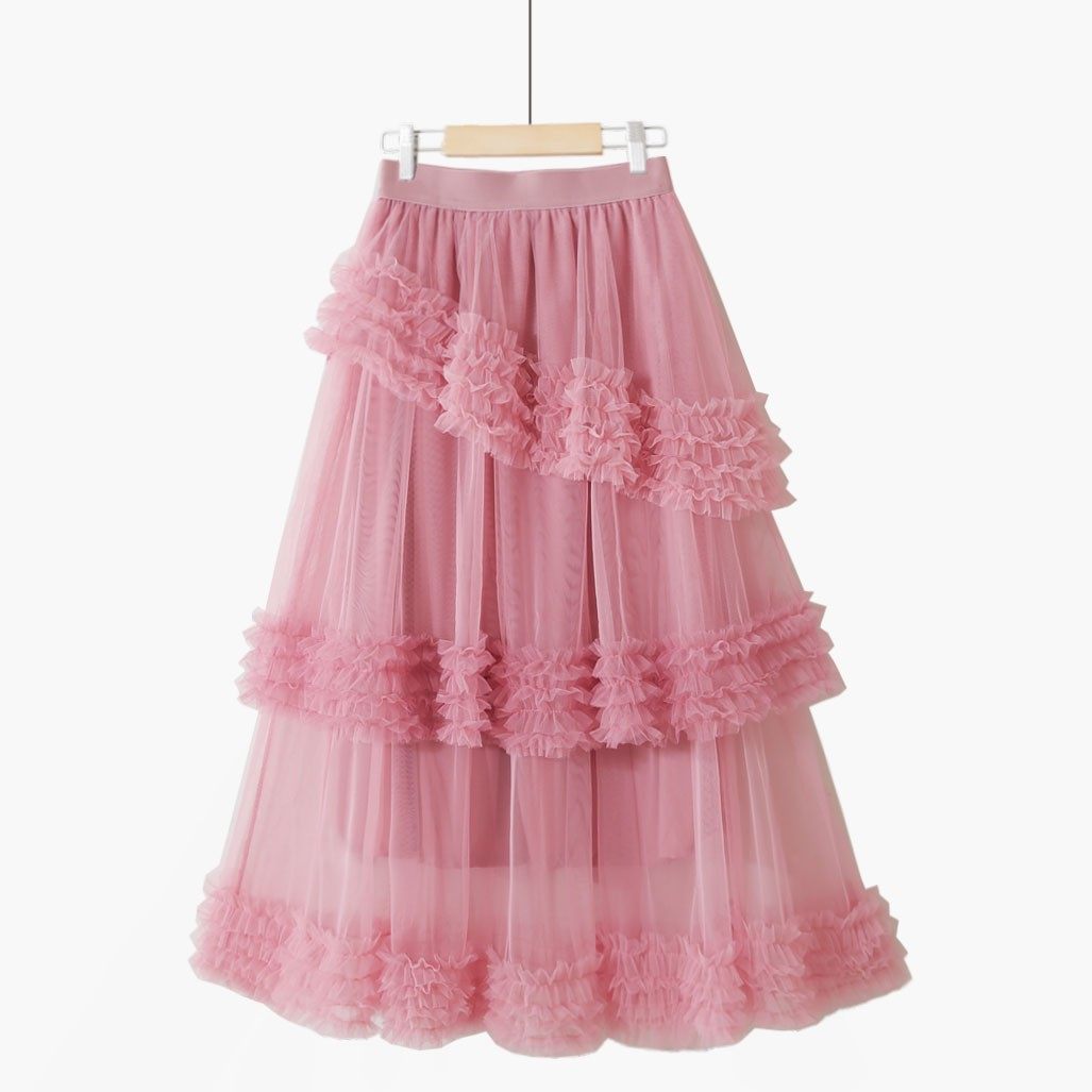 秋冬甜美复古宫廷木耳拼接不规则蛋糕蓬蓬裙仙女蕾丝网纱半身裙