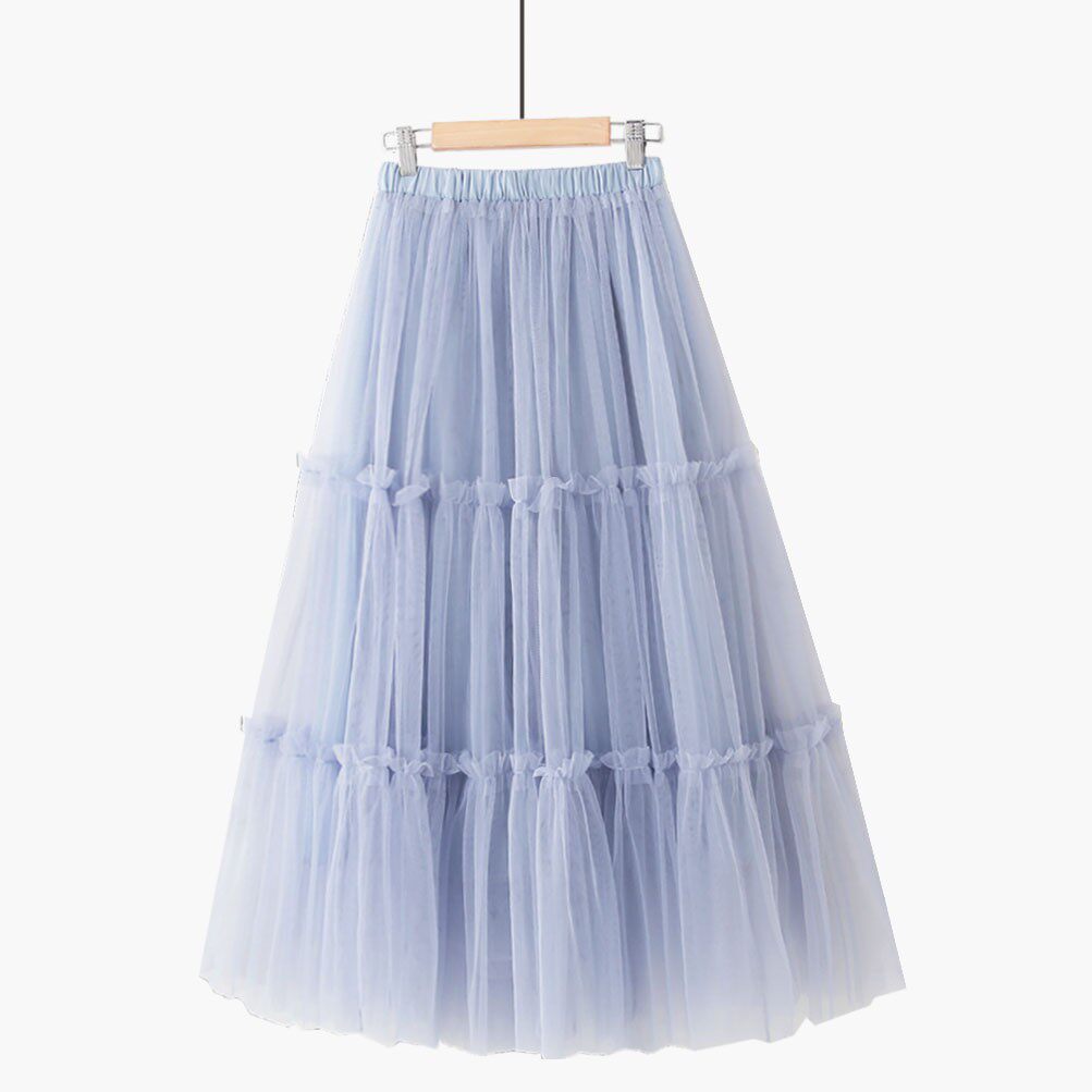 秋冬新款韩版松紧高腰网纱中长木耳拼接仙女大裙摆纯色A字半身裙