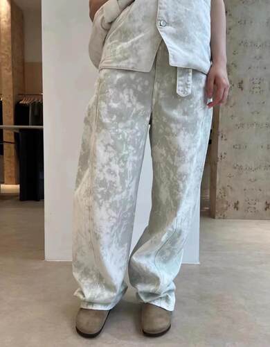 24夏季 Lemair*风格高盎司酸洗雪花白弯刀弧形牛仔腰带长裤中性款