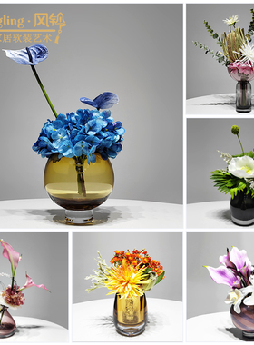 现代简约酒店大厅仿真花艺摆件样板间客厅书房玻璃花器摆设