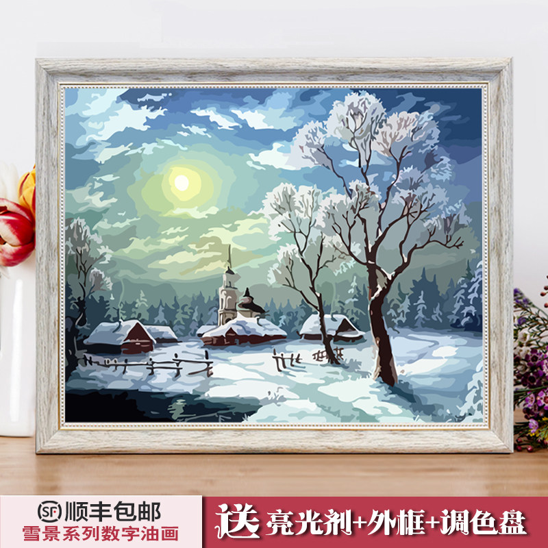热卖欧式diy数字油画雪风景手绘定制填色填充客厅装饰油彩画包邮