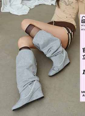 Mollynne原创设计坡跟褶皱高跟靴尖头靴子中筒靴长筒靴堆堆靴女