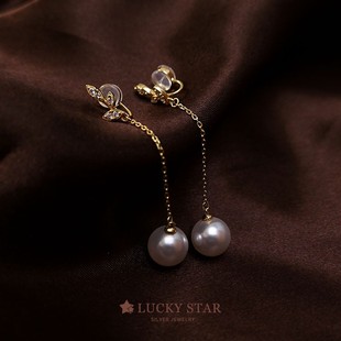 耳坠志玲姐姐同款 LUCKY STAR白色气质正圆珍珠无耳洞耳夹耳钉长款