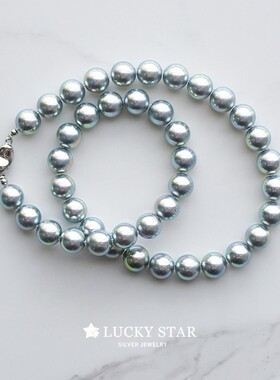 镜面极光日本海水akoya蓝灰色真多麻人造珍珠项链正圆幻彩全珠链