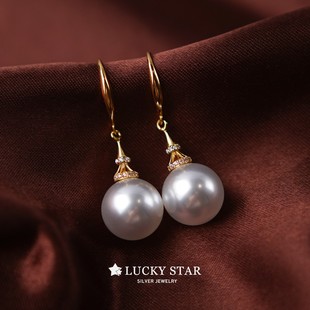 LUCKY 耳环12mm大颗珍珠耳钩耳坠澳白光纯银饰品 STAR圆脸显瘦长款