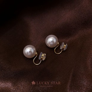百搭超显气质女 白色正圆强光经典 LUCKY STAR珍珠耳夹耳钉无耳洞款