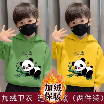 男童连帽加绒卫衣2025秋冬季新款休闲套头洋气儿童运动长袖上衣服