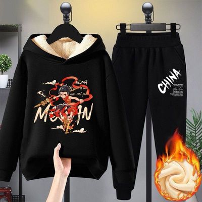 洋气百搭时尚男童运动卫裤套装2025秋冬新款带帽加绒宽松卫衣套装