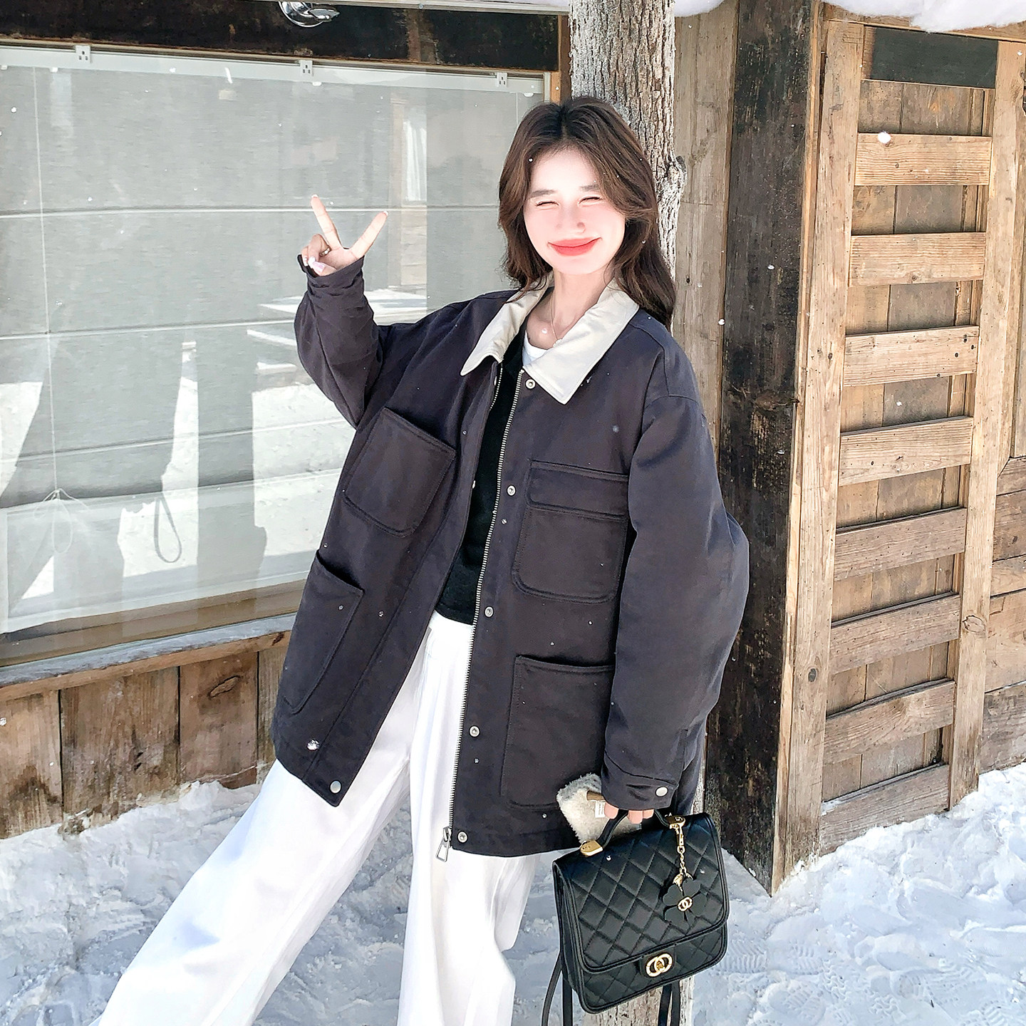 深灰色韩系复古拼接工装风羽绒服女2025冬季新款90白鸭绒爆款外套,女装羽绒服,2D115