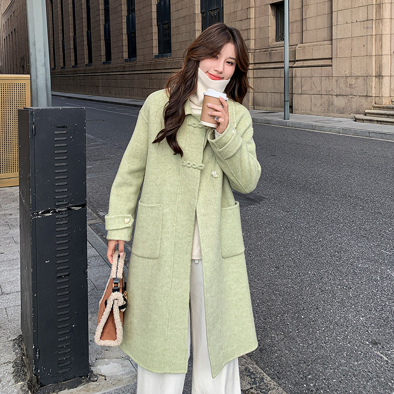 韩系chic绿色双面羊绒大衣女秋冬超火好看高级小众中长毛呢厚外套,女装毛呢外套,2D115