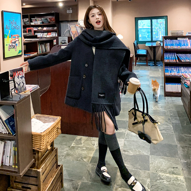 双面羊毛外套女戴围巾2D115-C217-P275-K398图片