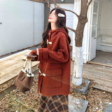 巨好看韩系红色连帽牛角扣毛呢外套女秋冬高级感加厚呢子斗篷大衣，女装毛呢外套，2D115