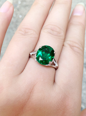 祖母绿宝石戒指女款925纯银镀18K金个性水晶碧玺色旺夫复古轻奢华