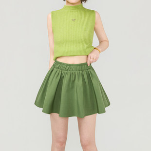KEIKO 森系少女风绿色百褶半身裙26夏季松紧高腰显瘦A字伞裙短裙