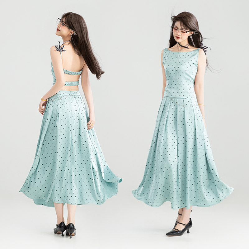 KEIKO优雅法式风缎面波点套装裙