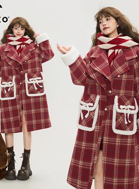 KEIKO [夹棉] 韩系复古红色格纹毛呢大衣秋冬氛围感加厚呢子外套