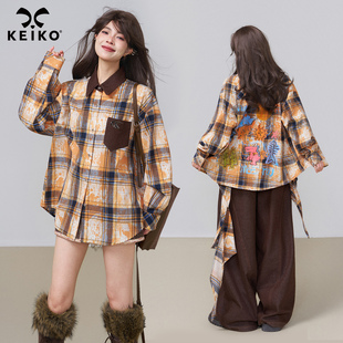 KEIKO 弥散格纹长袖衬衫女秋季元气感涂鸦印花撞色翻领外套上衣