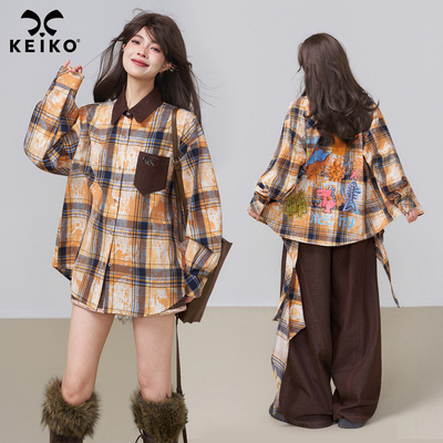 KEIKO 弥散格纹长袖衬衫女秋季元气感涂鸦印花撞色翻领外套上衣