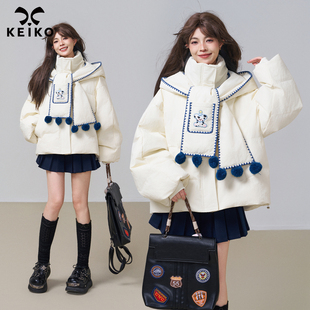 KEIKO[高密防水] 可拆卸围巾连帽白色棉服冬季设计感立领加厚棉袄